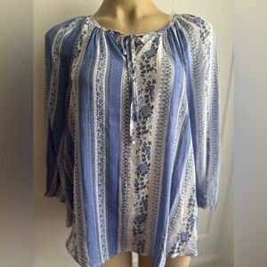 NWT Como Blue Boho Peasant Floral Long Sleeve Blouse sz S